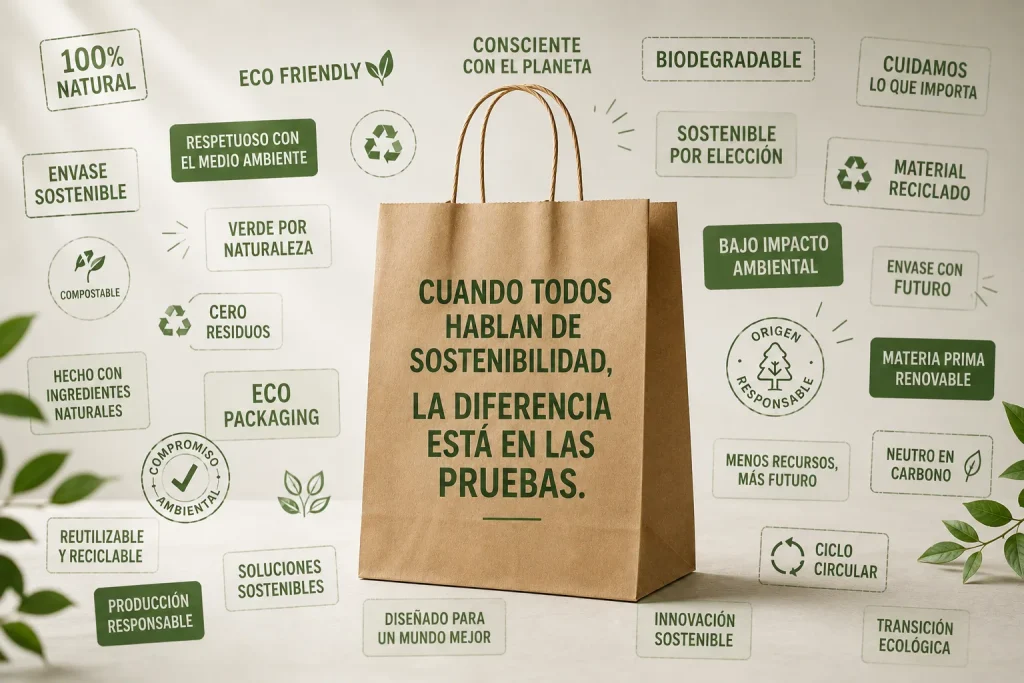 Bolsa de papel rodeada de etiquetas de certificación sostenible