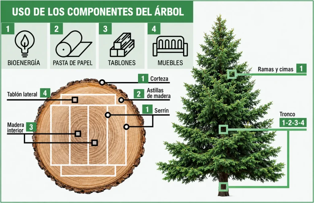 Infografía «Uso de los componentes del árbol»: un abeto y la sección de un tronco indican qué parte se destina a cada uso: 1 bioenergía (corteza, serrín, ramas y cimas), 2 pasta de papel (astillas de madera), 3 tablones (madera interior) y 4 muebles (tablón lateral). El tronco completo se aprovecha para los cuatro usos.