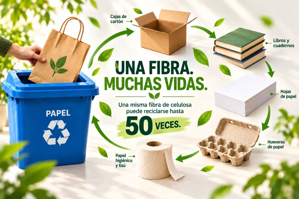 Infografía «Una fibra. Muchas vidas.»: una mano deposita una bolsa de papel en un contenedor azul de reciclaje de papel, y flechas verdes en círculo enlazan los productos que puede originar la fibra: cajas de cartón, libros y cuadernos, hojas de papel, hueveras de papel y papel higiénico y tisú. Una misma fibra de celulosa puede reciclarse hasta 50 veces.