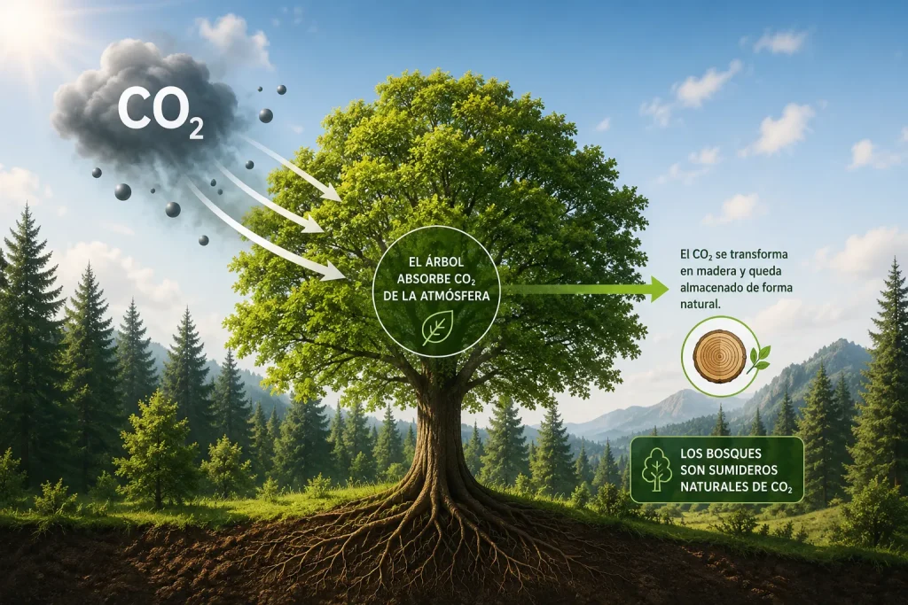 Ilustración de un árbol que absorbe CO₂ de la atmósfera y lo almacena como madera: los bosques son sumideros naturales de CO₂.
