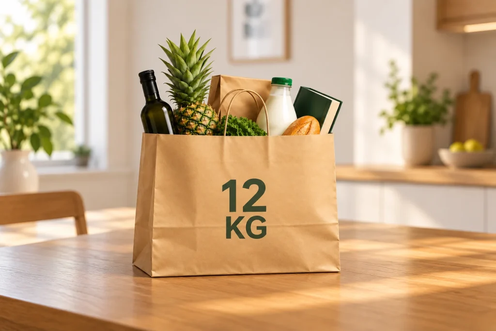 Bolsa de papel kraft con el rótulo «12 kg», cargada con una botella de aceite, una piña, lechuga, una botella de leche, pan y un libro, sobre una mesa de madera en una cocina luminosa.