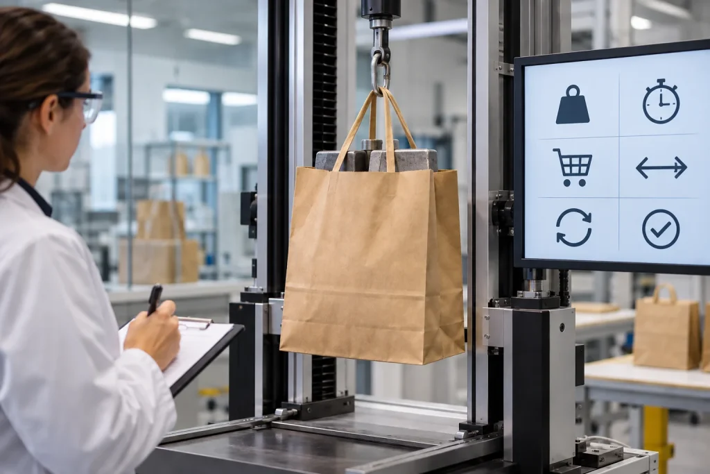Técnica de laboratorio con bata blanca y gafas de protección anota en un portapapeles mientras una máquina de ensayo de tracción sostiene una bolsa de papel kraft cargada con peso colgando de sus asas; una pantalla muestra iconos de peso, tiempo, compra y ciclos.