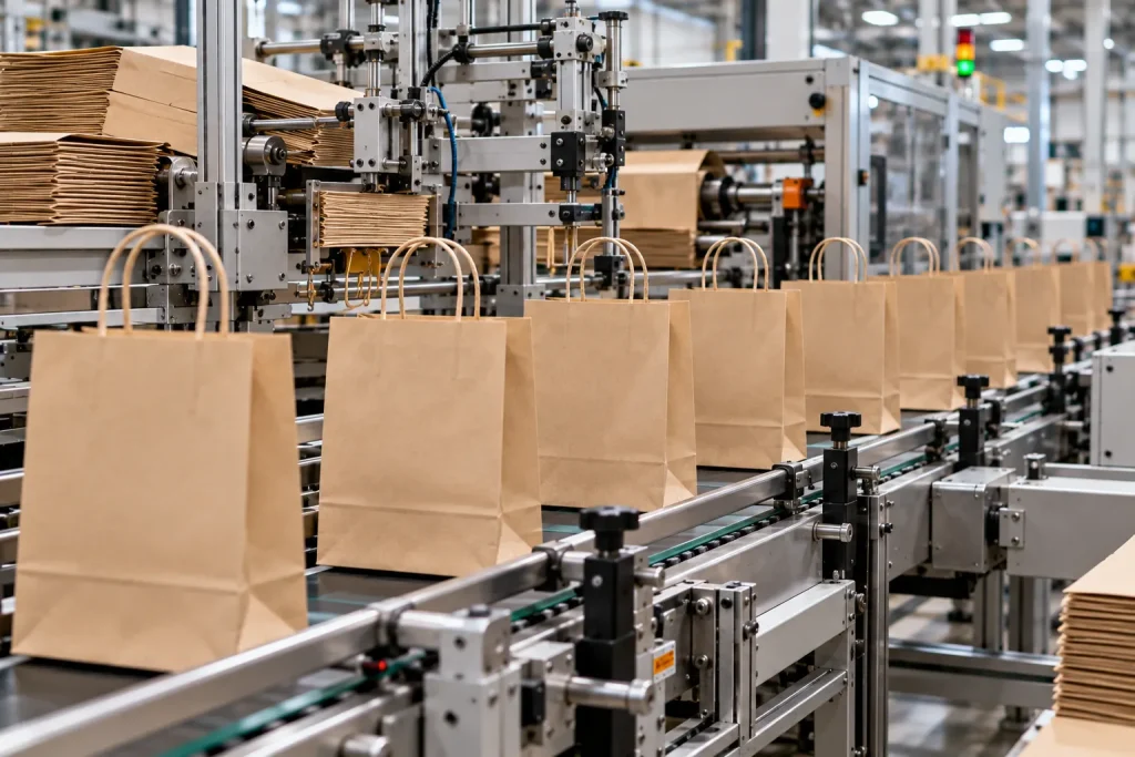 Bolsas de papel kraft con asas de cordón avanzando en fila por una cinta transportadora al final de la línea de producción.