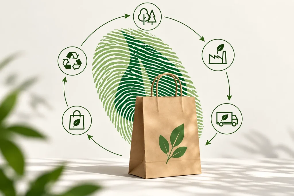 Bolsa de papel kraft con logotipo de hoja verde sobre una huella dactilar en forma de hoja, rodeada de un ciclo de iconos con flechas: bosque, fábrica, transporte, bolsa de compra y reciclaje.