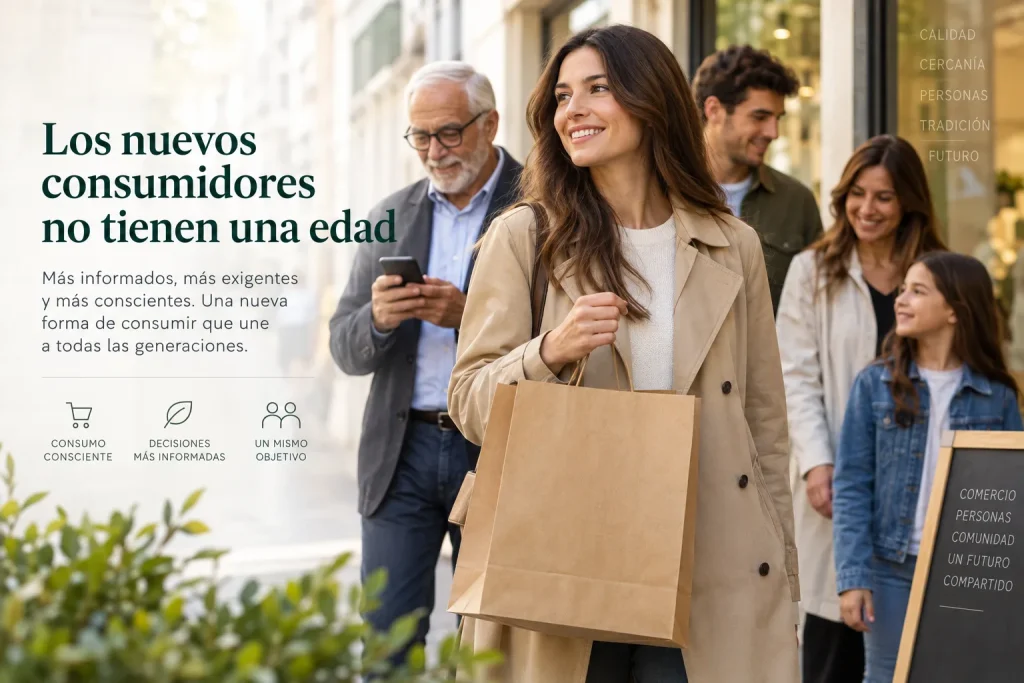 Personas de de distintas edades, desde niños a ancianos, paseando con bolsas de papel