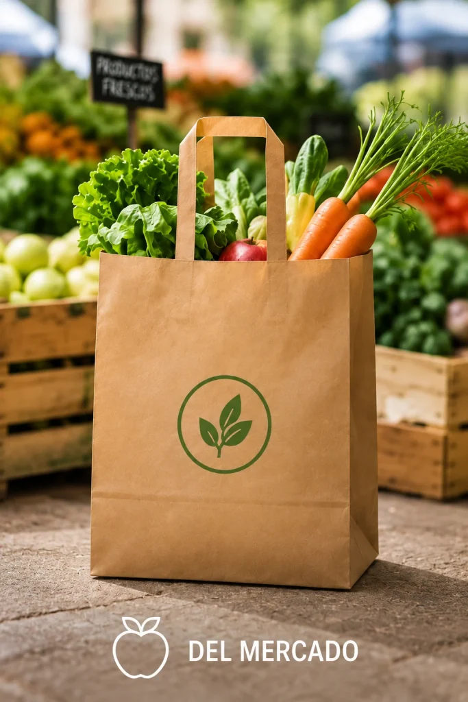 Bolsa de papel kraft con logotipo de hoja verde llena de verduras frescas, con zanahorias y lechuga, junto a un puesto de mercado.