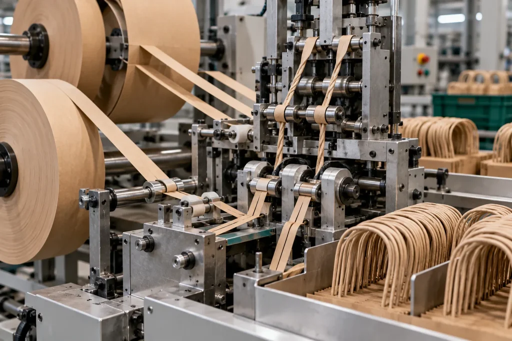 Detalle de una máquina que forma las asas de cordón de papel kraft para las bolsas, con asas ya terminadas apiladas en primer plano.