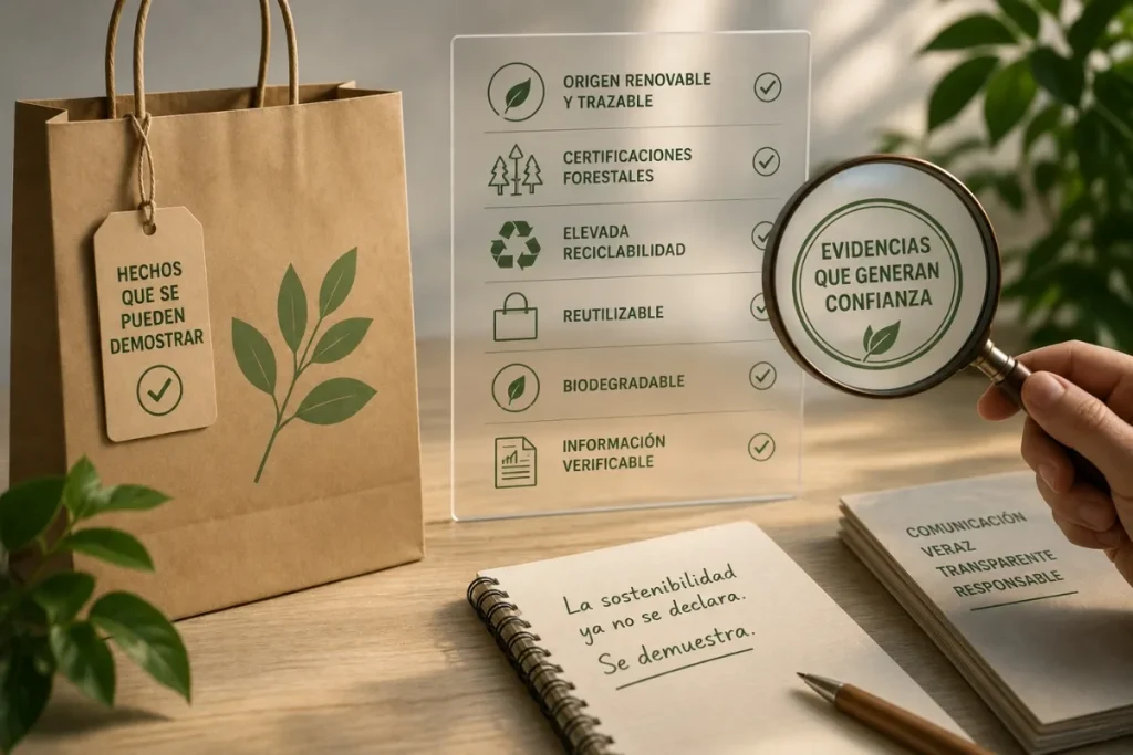 Bolsa de papel kraft con la etiqueta «Hechos que se pueden demostrar» junto a una lista de criterios de sostenibilidad verificados.