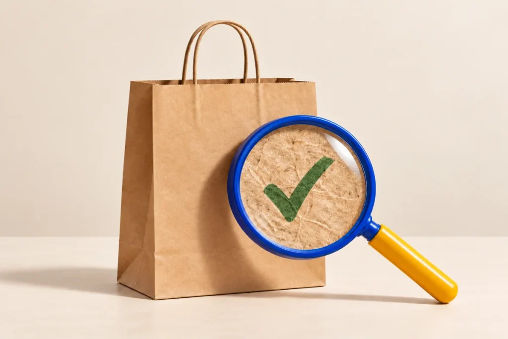 Bolsa de papel kraft con asas de cordón junto a una lupa de mango amarillo que amplía la textura del papel y muestra una marca de verificación verde, sobre un fondo beige.