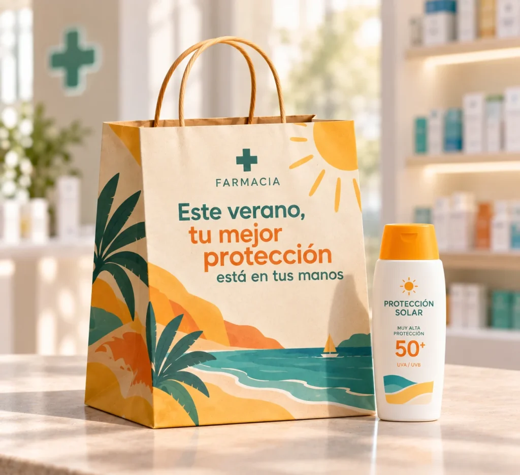 Bolsa de papel kraft con asas de cordón y una ilustración de playa y sol con el texto «Este verano, tu mejor protección está en tus manos», junto a un bote de protector solar en el mostrador de una farmacia.