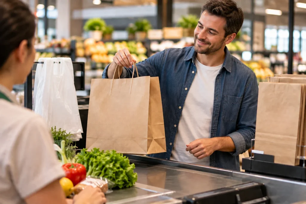 Cliente sonriente en la caja de un supermercado sostiene una bolsa de papel kraft con asas de cordón mientras la cajera, de espaldas en primer plano, le atiende; sobre la cinta hay lechuga, tomates y otros productos frescos.