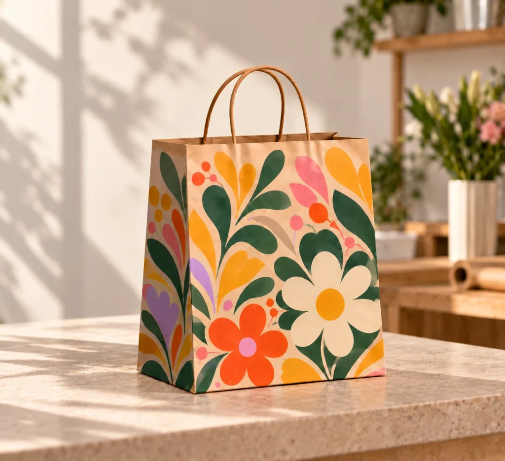 Bolsa de papel kraft con asas de cordón decorada con una ilustración de flores y hojas en colores vivos (naranja, rosa, verde y morado), sobre un mostrador de piedra.