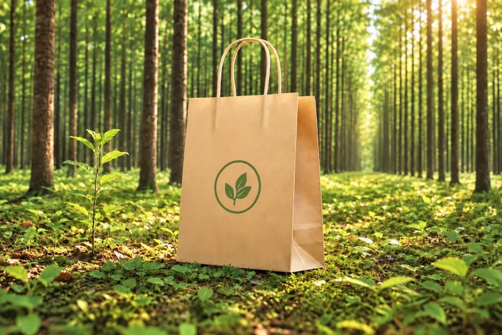 Bolsa de papel kraft en un bosque: origen sostenible de la fibra
