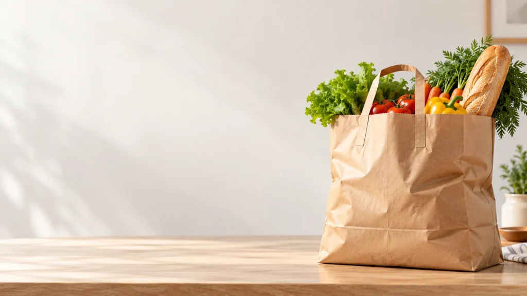 Bolsa de papel grande cargada con la compra del supermercado