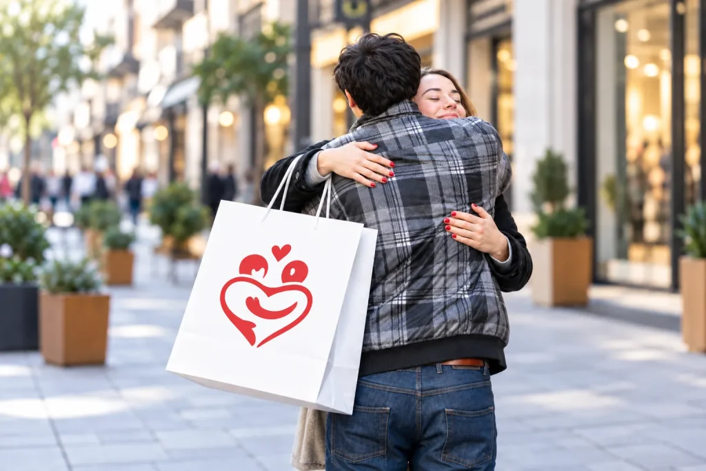 Dos personas se abrazan en una calle comercial con tiendas iluminadas al fondo; una de ellas lleva colgada del hombro una bolsa de papel blanca con un logotipo rojo en forma de corazón.