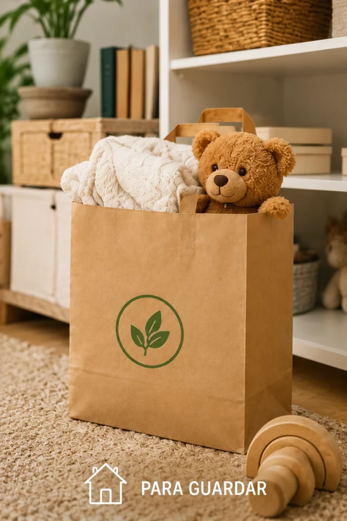 Bolsa de papel kraft con logotipo de hoja verde que guarda un osito de peluche y una manta de punto en una habitación con estantes y juguetes de madera.