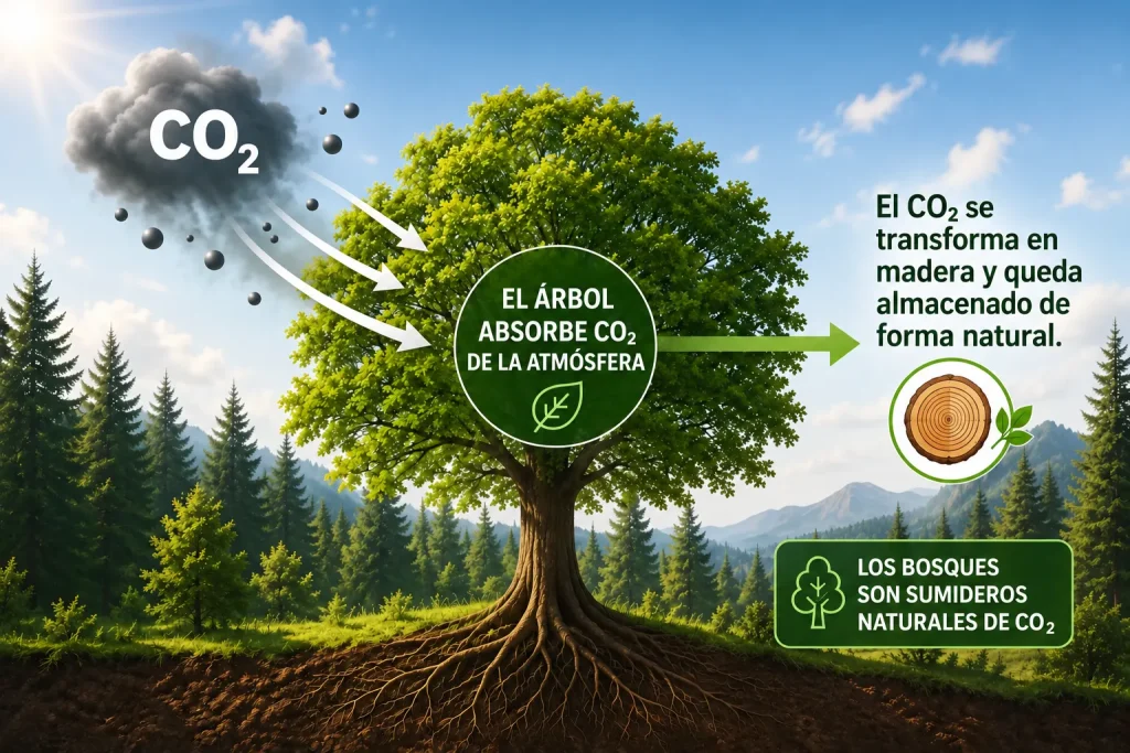 Ilustración de un árbol que absorbe CO₂ de la atmósfera y lo almacena como madera: los bosques son sumideros naturales de CO₂.