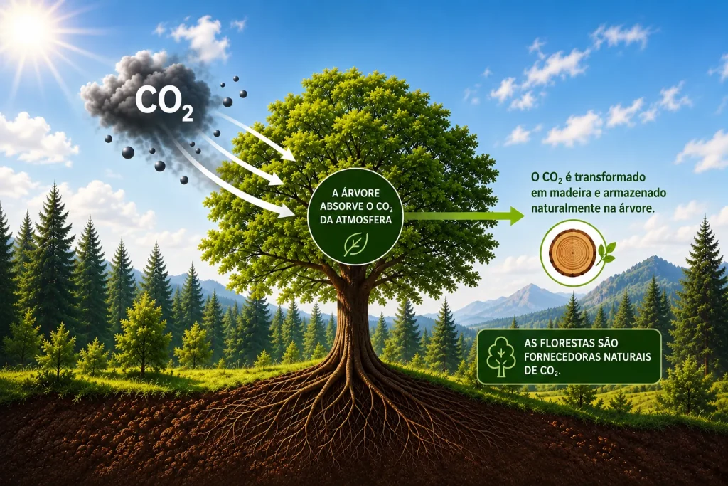 Ilustração de uma árvore que absorve CO₂ da atmosfera e o armazena como madeira: as florestas são sumidouros naturais de CO₂.