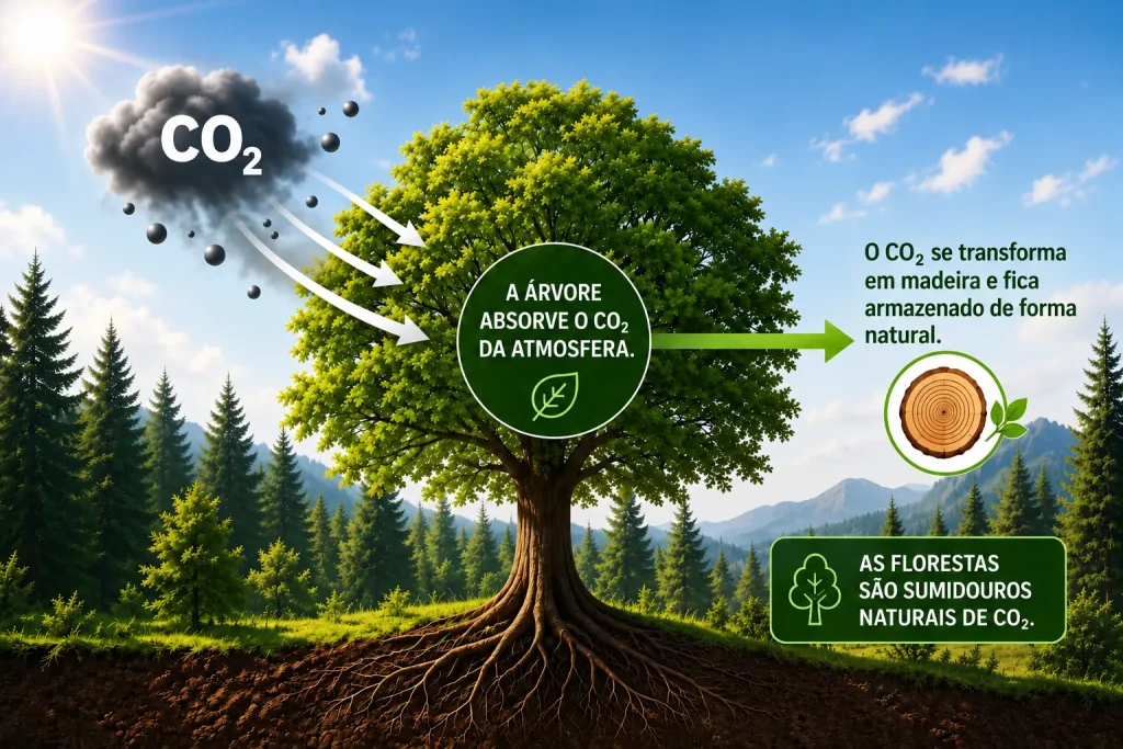 Ilustração de uma árvore que absorve CO₂ da atmosfera e o armazena como madeira: as florestas são sumidouros naturais de CO₂.