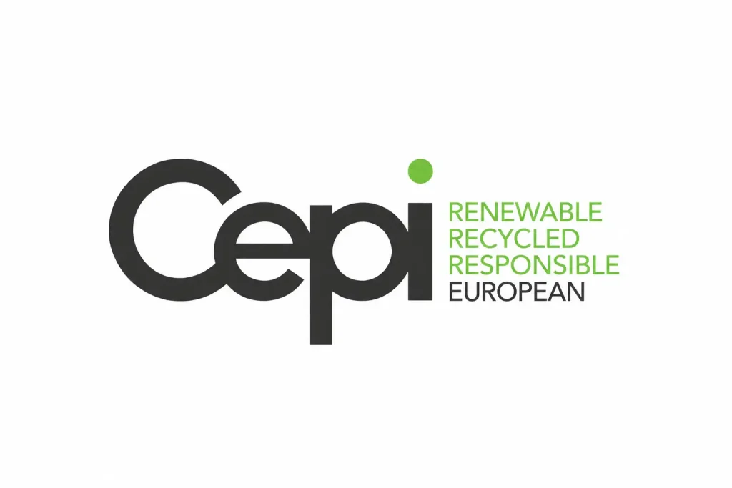 Cepi logo (European Confederation of Paper Industries) with the motto «Renewable, Recycled, Responsible, European», on a white background.