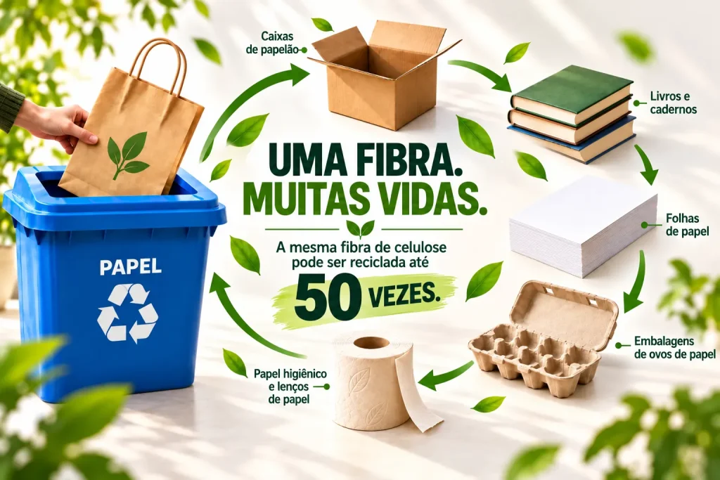 Infografia «Uma fibra. Muitas vidas.»: uma mão deposita um saco de papel num contentor azul de reciclagem de papel, e setas verdes em círculo ligam os produtos que a fibra pode originar: caixas de cartão, livros e cadernos, folhas de papel, embalagens de ovos de papel e papel higiénico e tisu. Uma mesma fibra de celulose pode ser reciclada até 50 vezes.