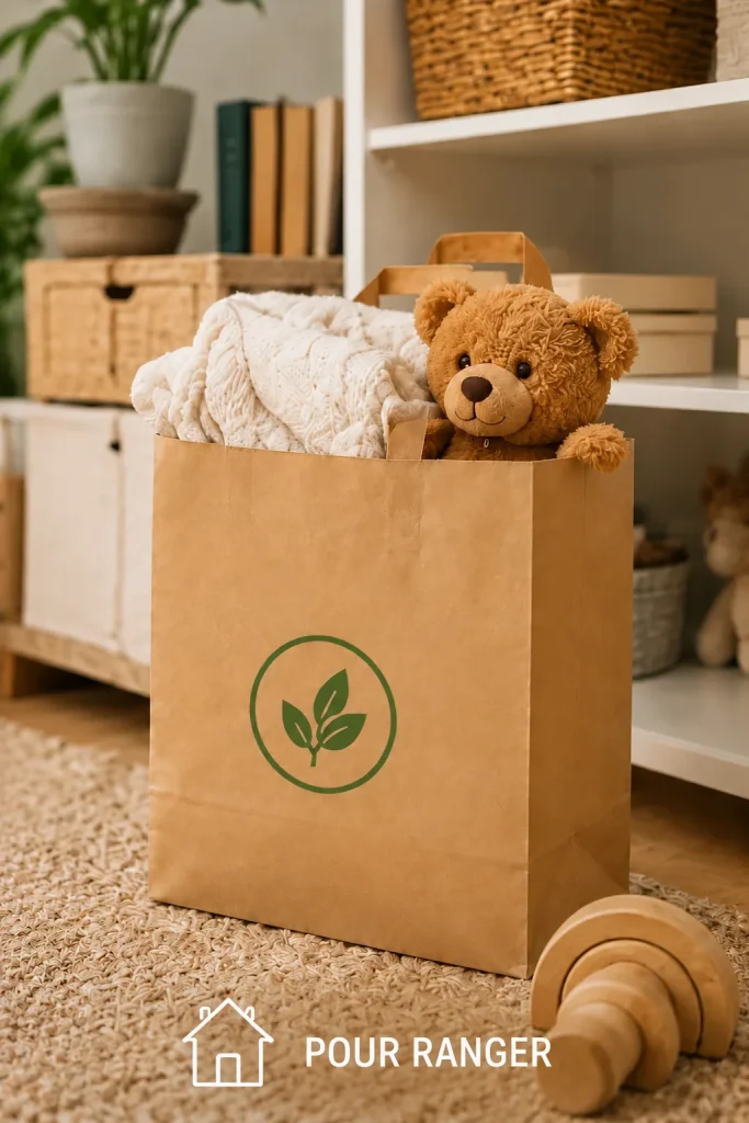 Sac en papier kraft avec logo de feuille verte qui range un ours en peluche et une couverture en tricot dans une pièce avec des étagères et des jouets en bois.