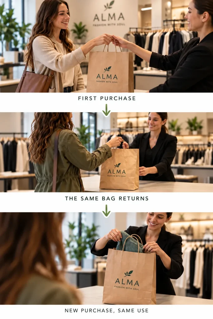 Sequence in three scenes in a fashion shop 'Alma, moda con alma': a customer receives a kraft paper bag with her first purchase, returns with the same bag and, for a new purchase, the shop assistant places a garment in it. Captions: 'First purchase', 'The same bag returns', 'New purchase, same use'.