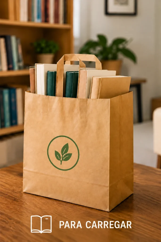 Saco de papel kraft com logótipo de folha verde sobre uma mesa de madeira, repleto de livros, com uma estante ao fundo.