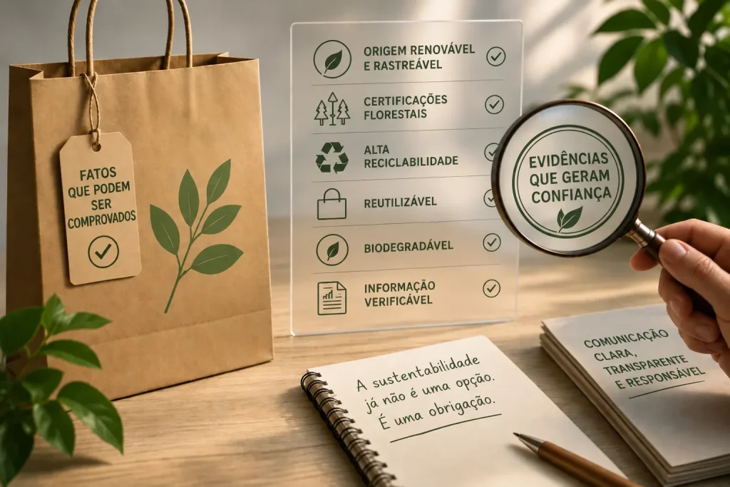 Saco de papel kraft com a etiqueta «Factos que se podem demonstrar» junto a uma lista de critérios de sustentabilidade verificados.