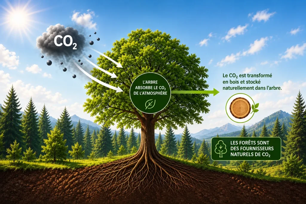 Illustration d'un arbre qui absorbe le CO₂ de l'atmosphère et le stocke sous forme de bois : les forêts sont des puits naturels de CO₂.