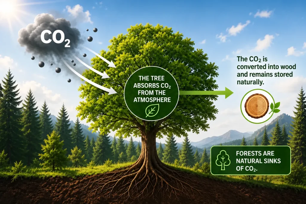 Illustration of a tree absorbing CO₂ from the atmosphere and storing it as wood: forests are natural CO₂ sinks.
