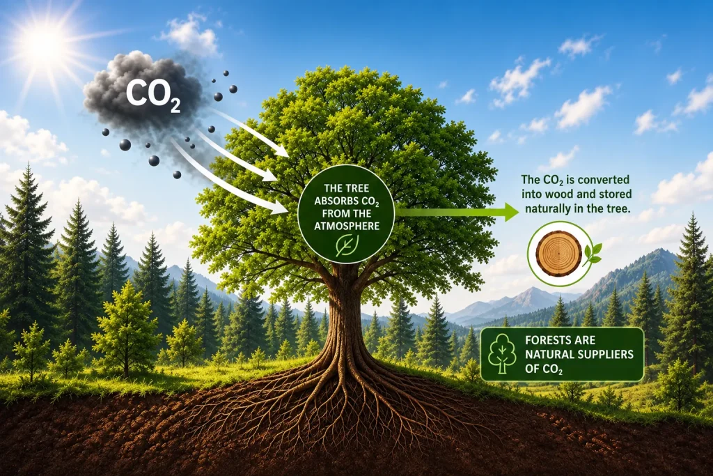 Illustration of a tree absorbing CO₂ from the atmosphere and storing it as wood: forests are natural CO₂ sinks.