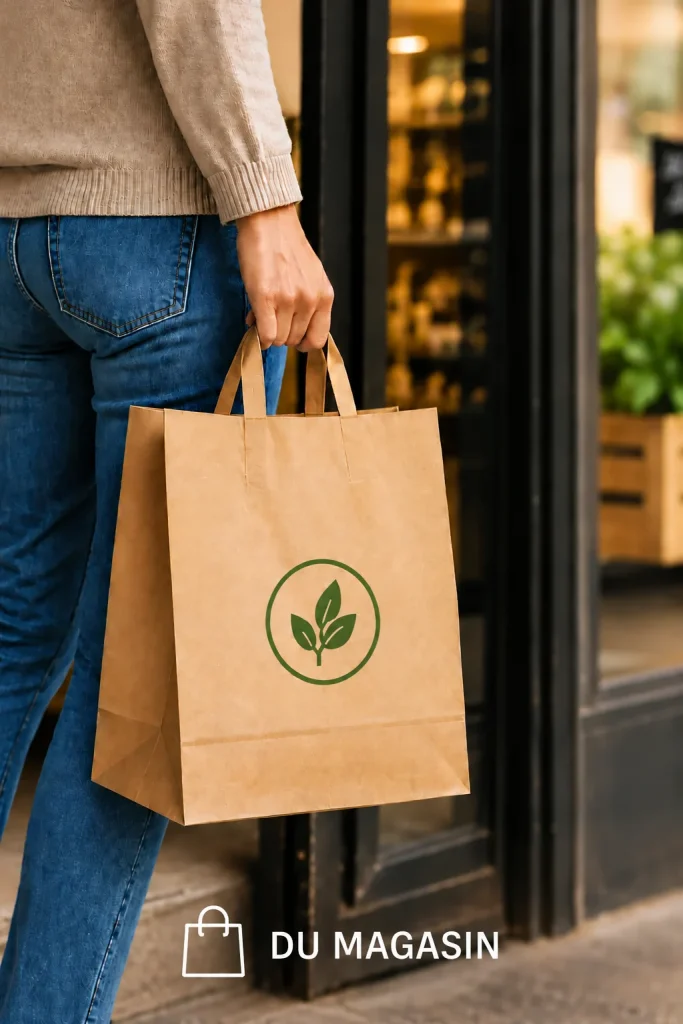 Personne de dos sortant d'un commerce avec un sac en papier kraft à anse plate et logo de feuille verte dans un cercle.
