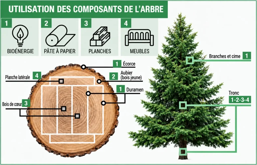 Infographie « Utilisation des composants de l’arbre » : un sapin et la section d’un tronc indiquent quelle partie est destinée à chaque usage : 1 bioénergie (écorce, sciure, branches et cimes), 2 pâte à papier (copeaux de bois), 3 planches (bois intérieur) et 4 meubles (planche latérale). Le tronc entier est valorisé pour les quatre usages.
