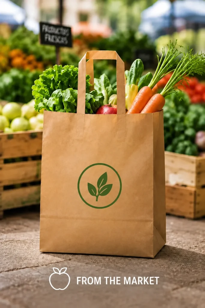 Kraft paper bag with green leaf logo filled with fresh vegetables, including carrots and lettuce, next to a market stall.