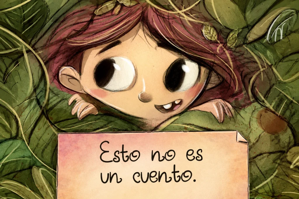 Illustration of a girl with reddish hair and large eyes peeping through green leaves, holding a paper sign with the text ‘This is not a fairy tale.’.