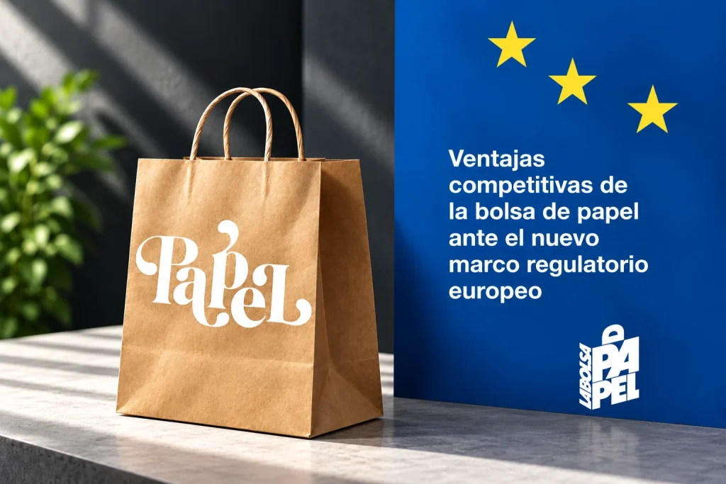 Kraft paper bag with cord handles and the word ‘Paper’ in white letters, next to a blue panel with the yellow stars of the European flag and the text ‘Competitive advantages of paper bags in light of the new European regulatory framework’, with the La Bolsa de Papel logo below.