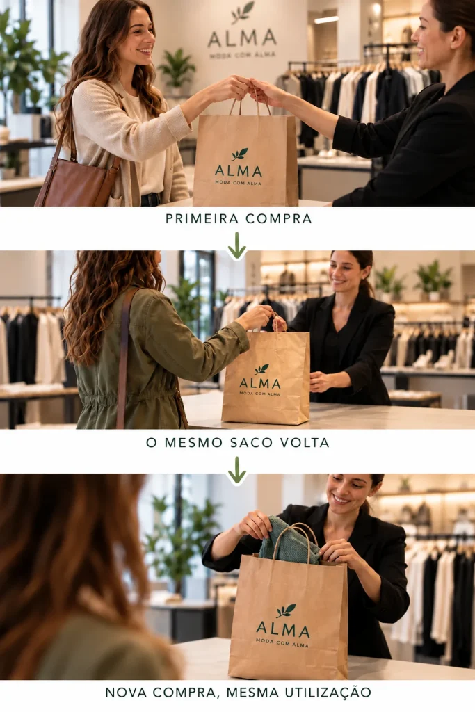 Sequência em três cenas numa loja de moda «Alma, moda com alma»: uma cliente recebe um saco de papel kraft na sua primeira compra, volta com o mesmo saco e, numa nova compra, a empregada guarda uma peça nele. Rótulos: «Primeira compra», «O mesmo saco volta», «Nova compra, mesma utilização».