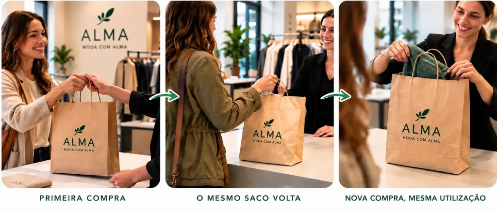 Sequência em três cenas numa loja de moda «Alma, moda com alma»: uma cliente recebe um saco de papel kraft na sua primeira compra, volta com o mesmo saco e, numa nova compra, a empregada guarda uma peça nele. Rótulos: «Primeira compra», «O mesmo saco volta», «Nova compra, mesma utilização».