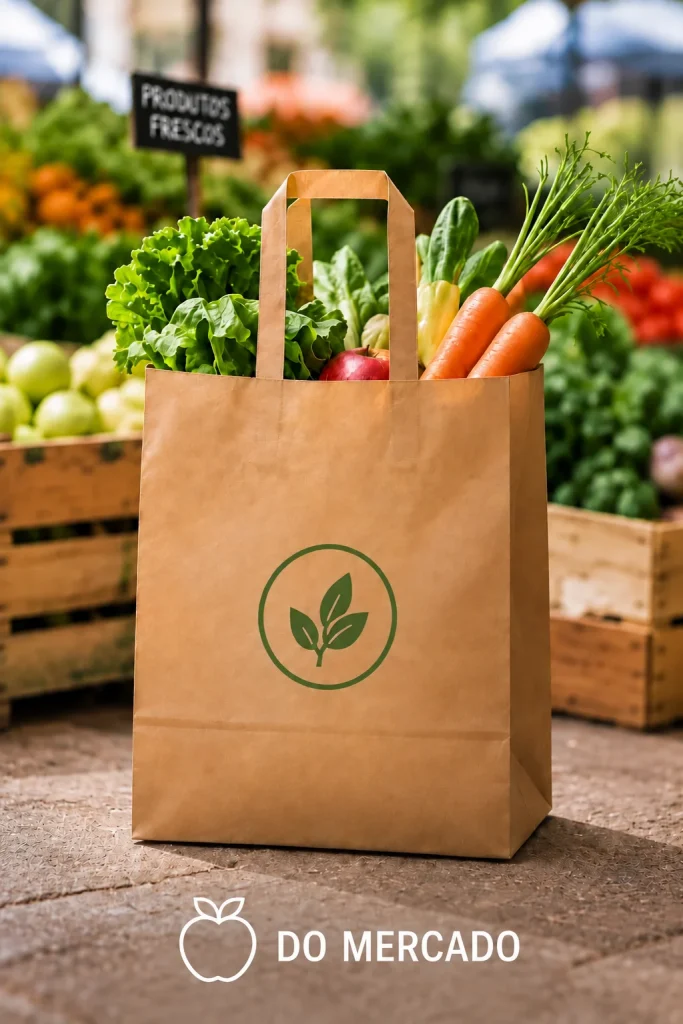 Saco de papel kraft com logótipo de folha verde repleto de legumes frescos, com cenouras e alface, junto a uma banca de mercado.