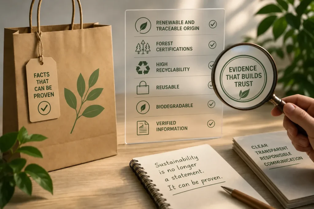 Kraft paper bag with the label 'Facts that can be demonstrated' next to a list of verified sustainability criteria.