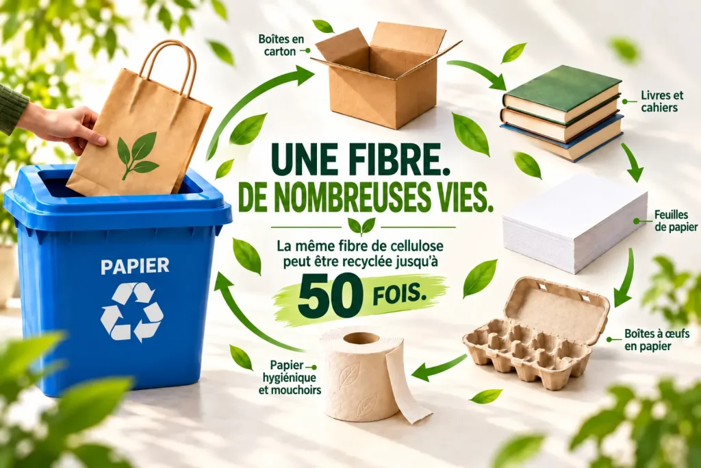 Infographie « Une fibre. Plusieurs vies. » : une main dépose un sac en papier dans un conteneur bleu de recyclage du papier, et des flèches vertes en cercle relient les produits que peut donner la fibre : boîtes en carton, livres et cahiers, feuilles de papier, boîtes à œufs en papier et papier hygiénique et mouchoirs. Une même fibre de cellulose peut être recyclée jusqu’à 50 fois.