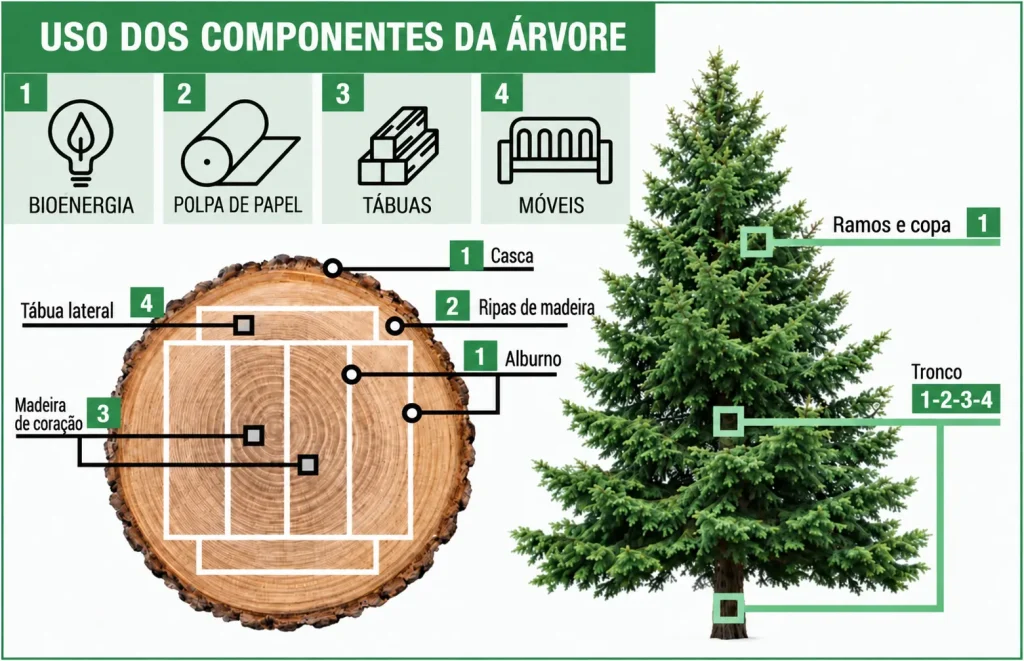 Infografia «Utilização dos componentes da árvore»: um abeto e a secção de um tronco indicam que parte se destina a cada uso: 1 bioenergia (casca, serradura, ramos e copas), 2 pasta de papel (aparas de madeira), 3 pranchas (madeira interior) e 4 móveis (prancha lateral). O tronco completo é aproveitado para os quatro usos.