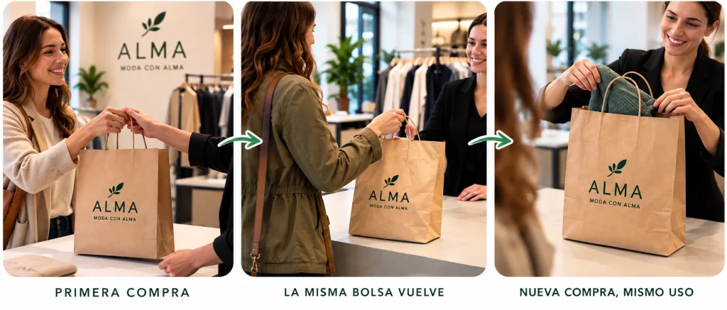 Secuencia en tres escenas en una tienda de moda «Alma, moda con alma»: una clienta recibe una bolsa de papel kraft en su primera compra, vuelve con la misma bolsa y, en una nueva compra, la dependienta guarda una prenda en ella. Rótulos: «Primera compra», «La misma bolsa vuelve», «Nueva compra, mismo uso».
