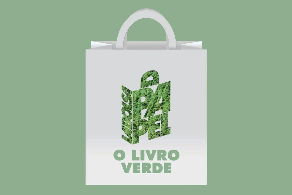 Saco de papel branco com asas planas sobre fundo verde, com o logótipo de A Bolsa de Papel em letras empilhadas preenchidas com textura de floresta e, por baixo, o texto «O Livro Verde».