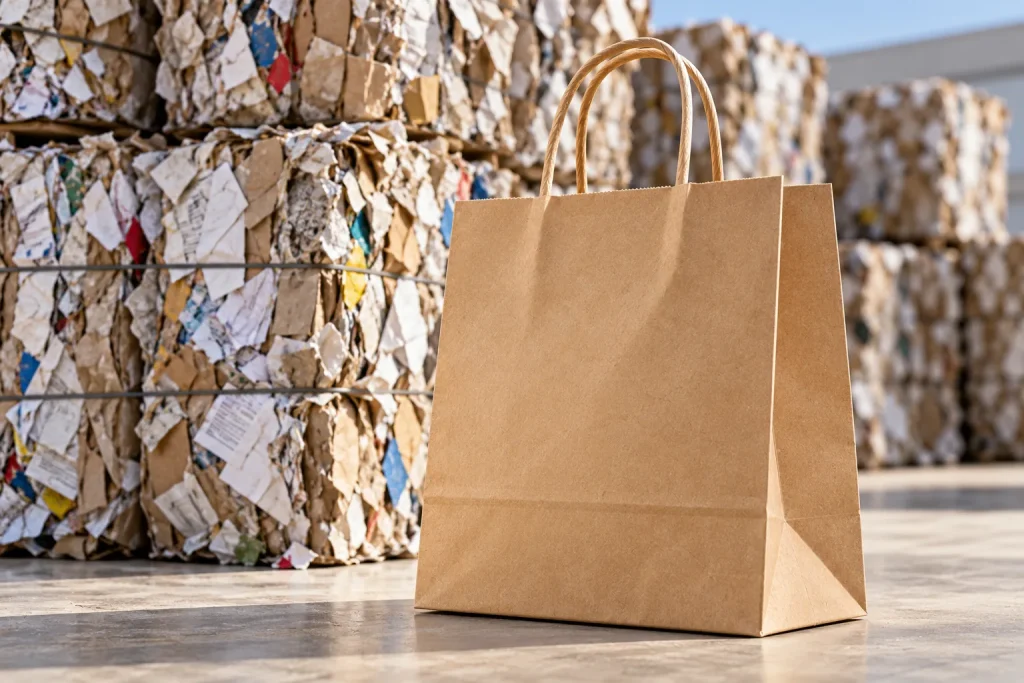 Bolsa de papel kraft con asas de cordón en primer plano, delante de grandes balas de papel y cartón prensado listas para reciclar.