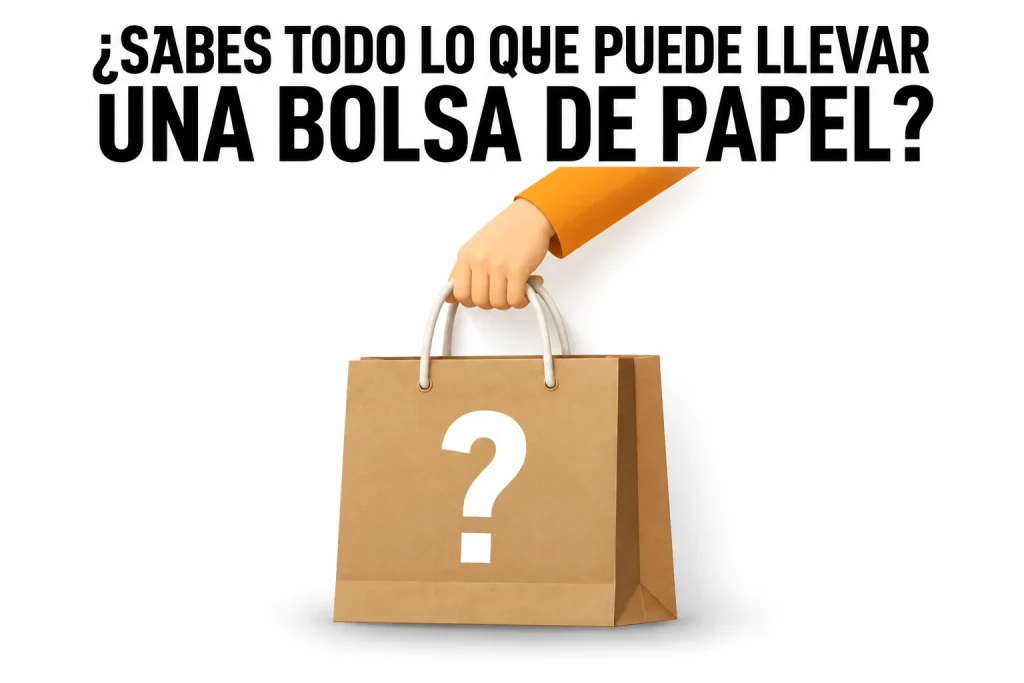 Illustration of a hand with an orange sleeve holding a kraft paper bag with a white question mark, under the headline ‘Do you know how much a paper bag can carry?’.